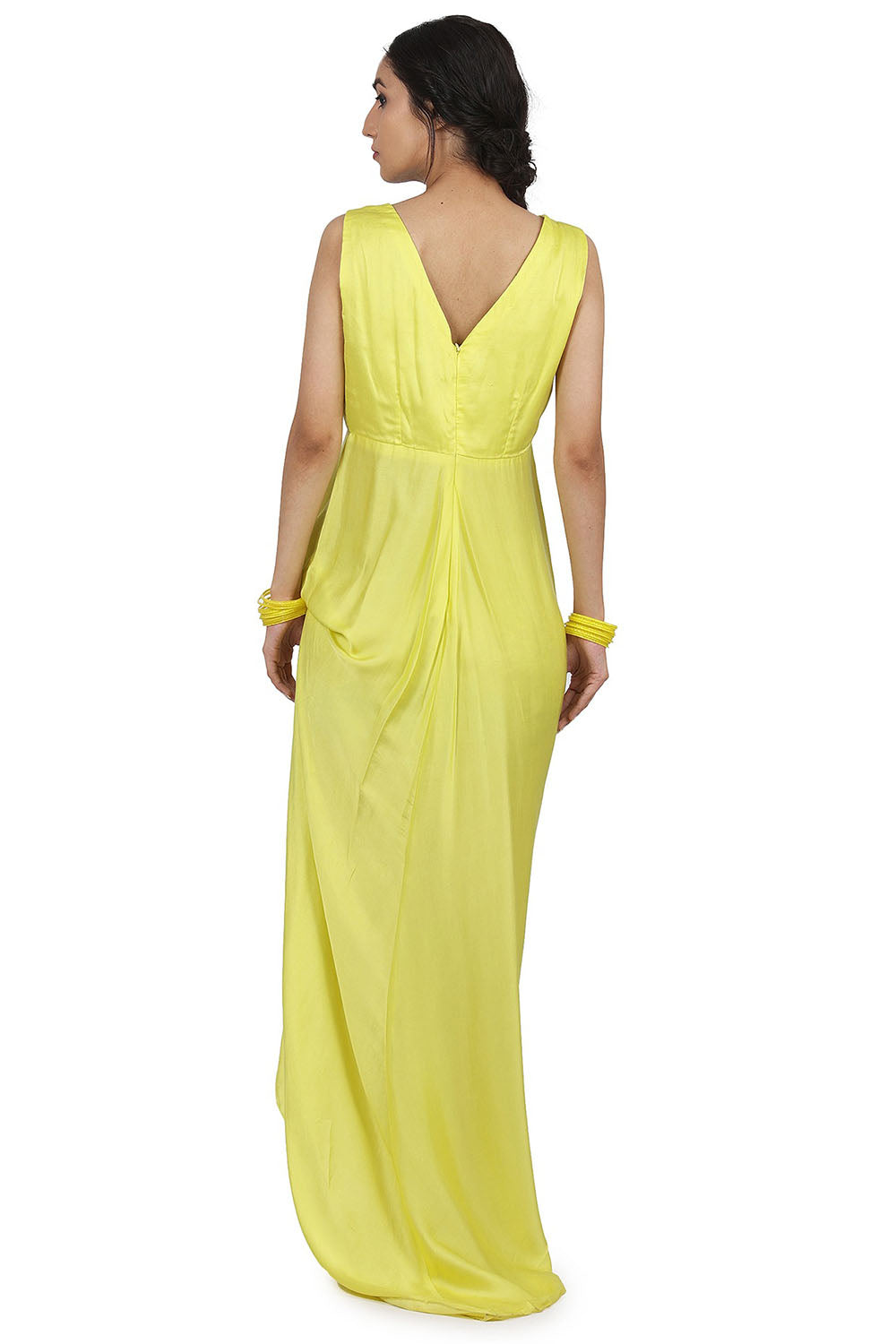 Satin Cape Electric Yellow Dress With - Auraya Fashion 