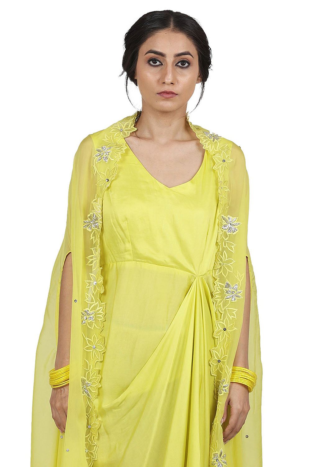 Satin Cape Electric Yellow Dress With - Auraya Fashion 