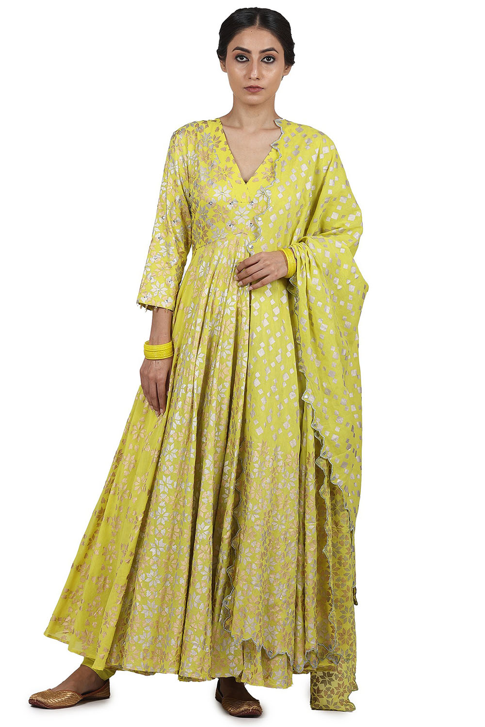 Embroidered Kalidar Electric Yellow Anarkali Set - Auraya Fashion - Seema Nanda - 