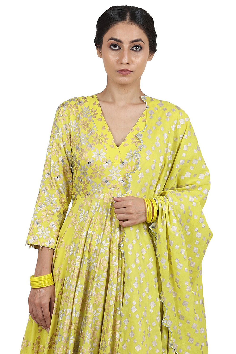 Embroidered Kalidar Electric Yellow Anarkali Set - Auraya Fashion 