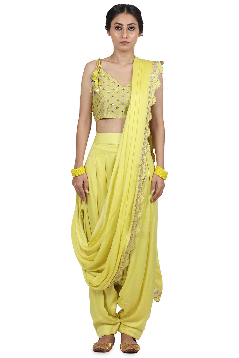 Embroidered Pant Saree Electric Yellow Set - Auraya Fashion - Seema Nanda - 