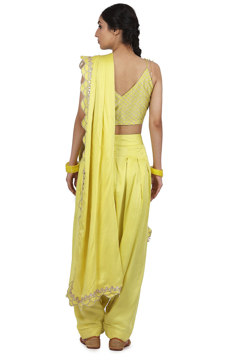 Embroidered Pant Saree Electric Yellow Set - Auraya Fashion 