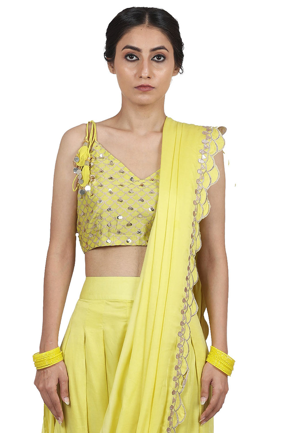 Embroidered Pant Saree Electric Yellow Set - Auraya Fashion 