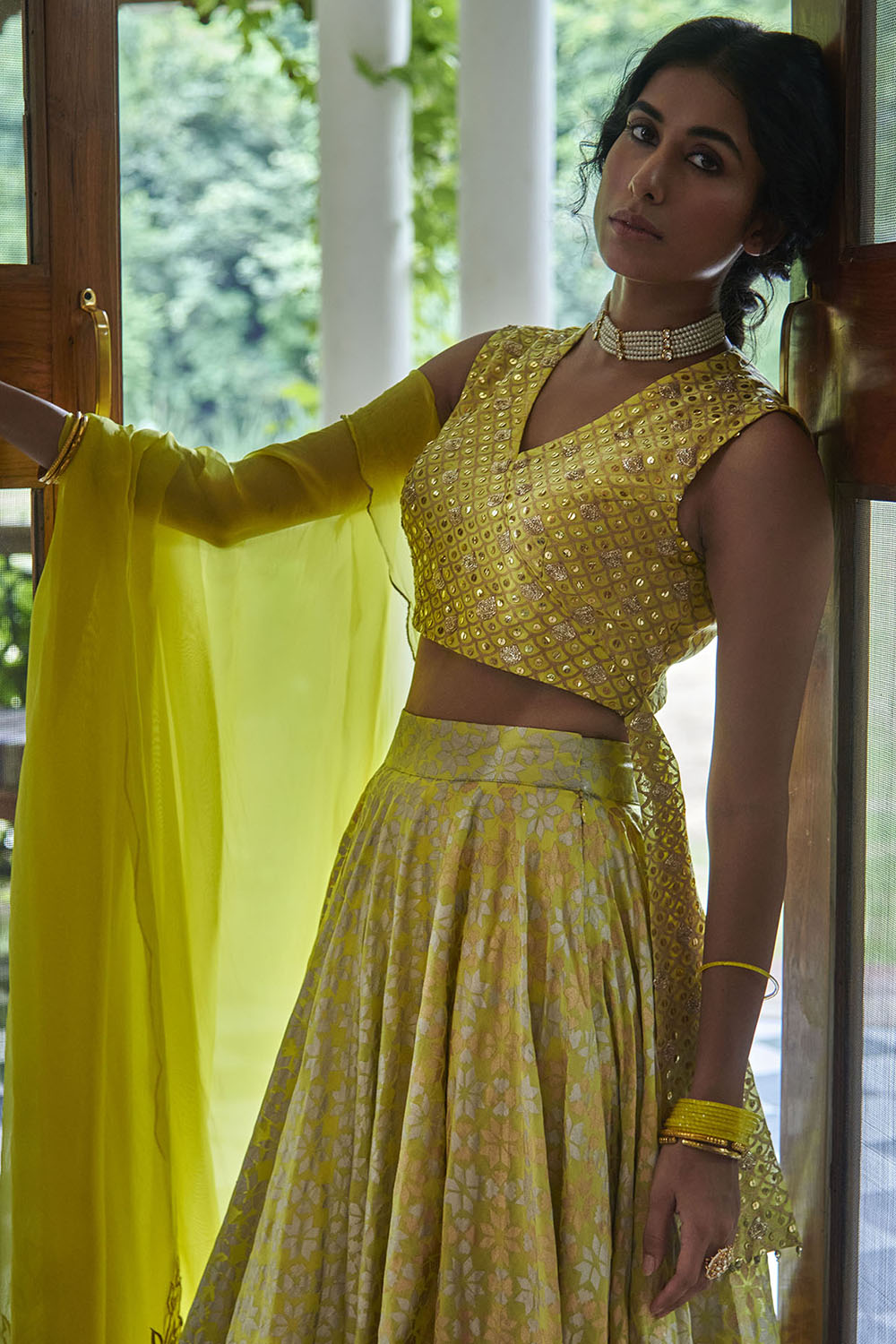 Printed Skirt Set In Electric Yellow - Auraya Fashion 