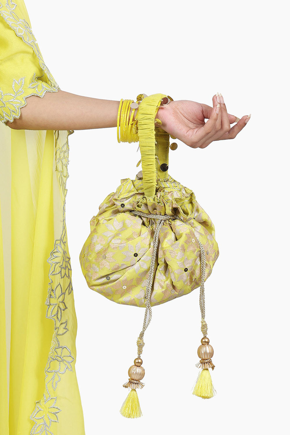 Embroidered Potli Bag In Electric Yellow - Auraya Fashion - Seema Nanda - 