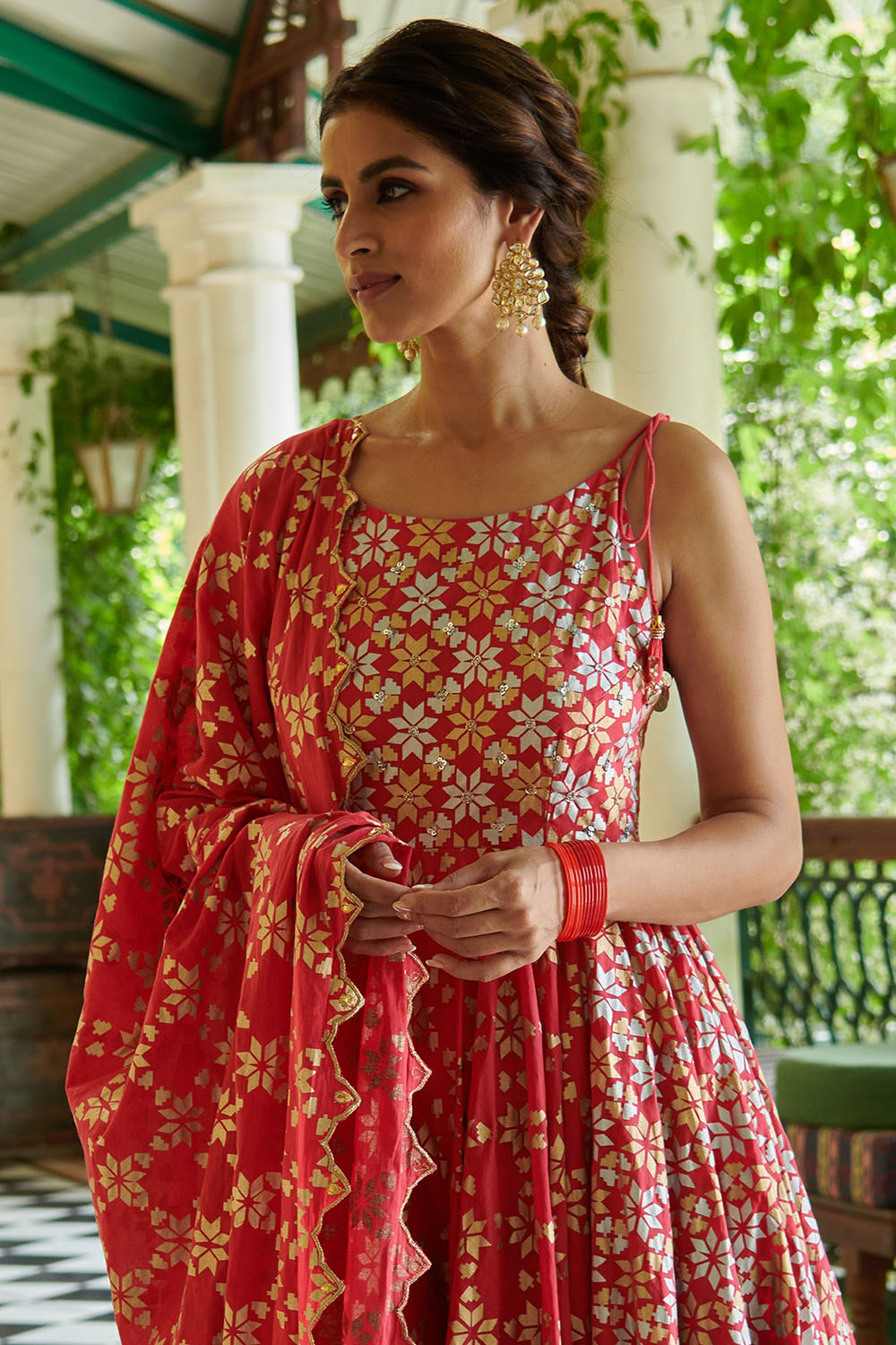 Chanderi Silk Kalidar Anarkali Set In Strawberry - Auraya Fashion 