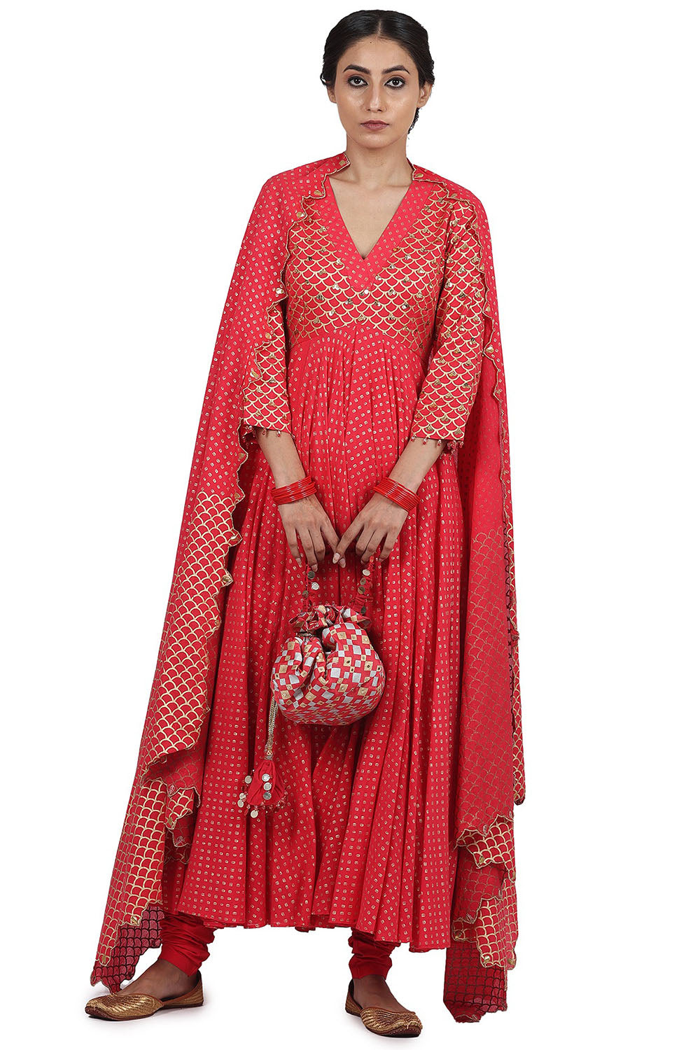 Printed Kalidar Anarkali Set In Strawberry - Auraya Fashion - Seema Nanda - 