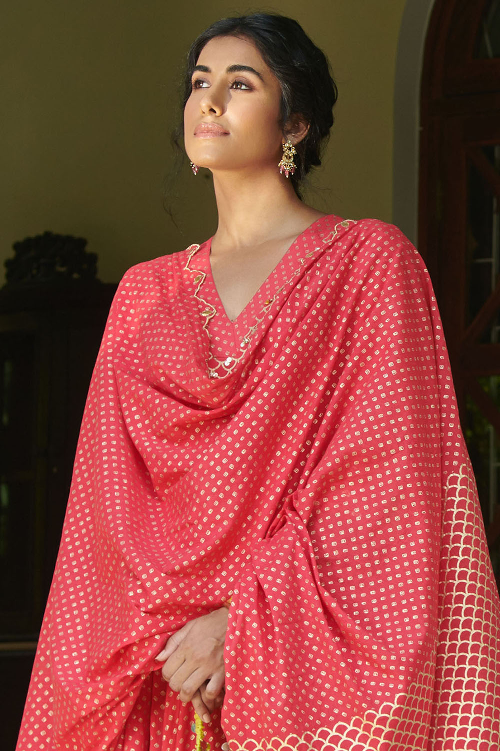 Printed Kalidar Anarkali Set In Strawberry - Auraya Fashion 