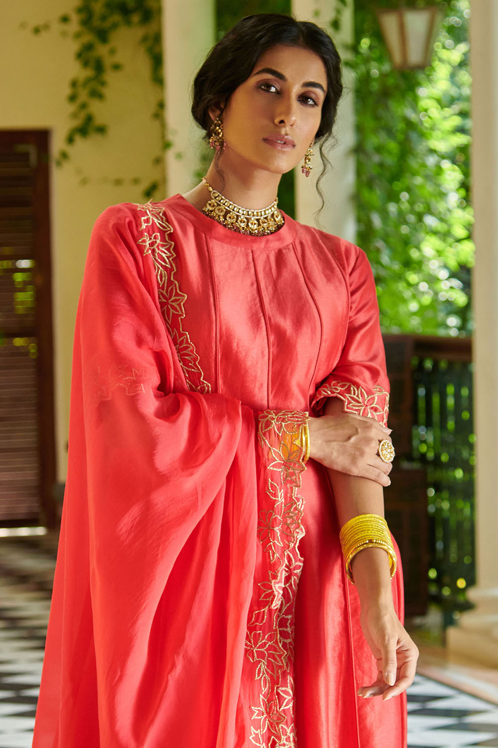 Embroidered Anarkali Set In Strawberry - Auraya Fashion 