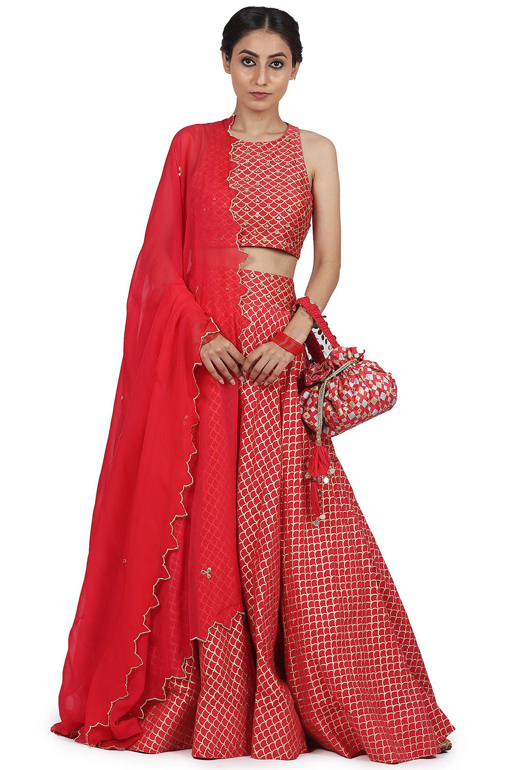 Chanderi Silk Printed Lehenga Set In Strawberry - Auraya Fashion - Seema Nanda - 