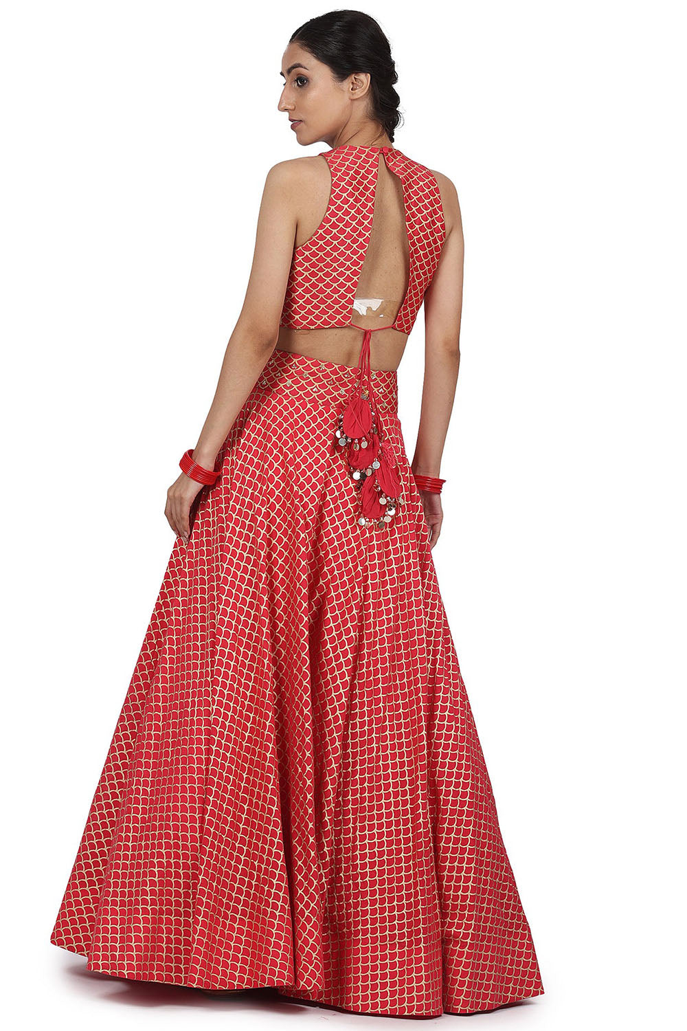 Chanderi Silk Printed Lehenga Set In Strawberry - Auraya Fashion 