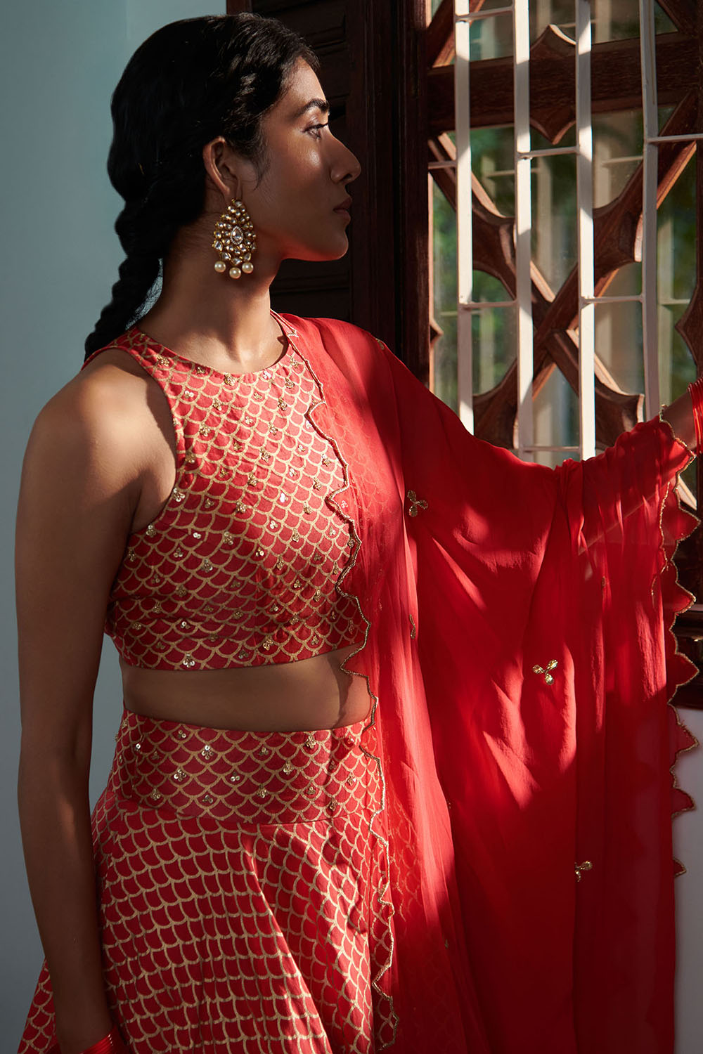 Chanderi Silk Printed Lehenga Set In Strawberry - Auraya Fashion 