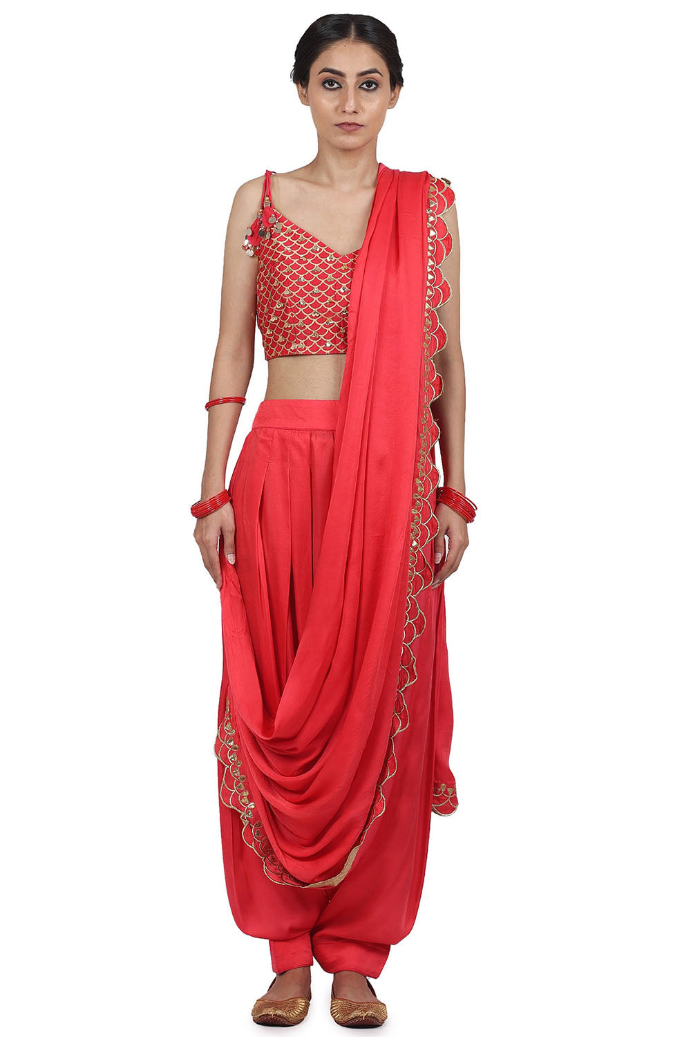 Embroidered Pant Saree Set In Strawberry - Auraya Fashion - Seema Nanda - 