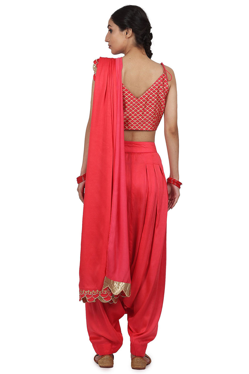 Embroidered Pant Saree Set In Strawberry - Auraya Fashion 