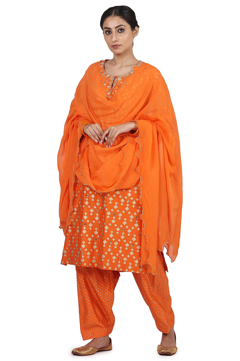 Embroidered Kurta Set In Orange - Auraya Fashion - Seema Nanda - 