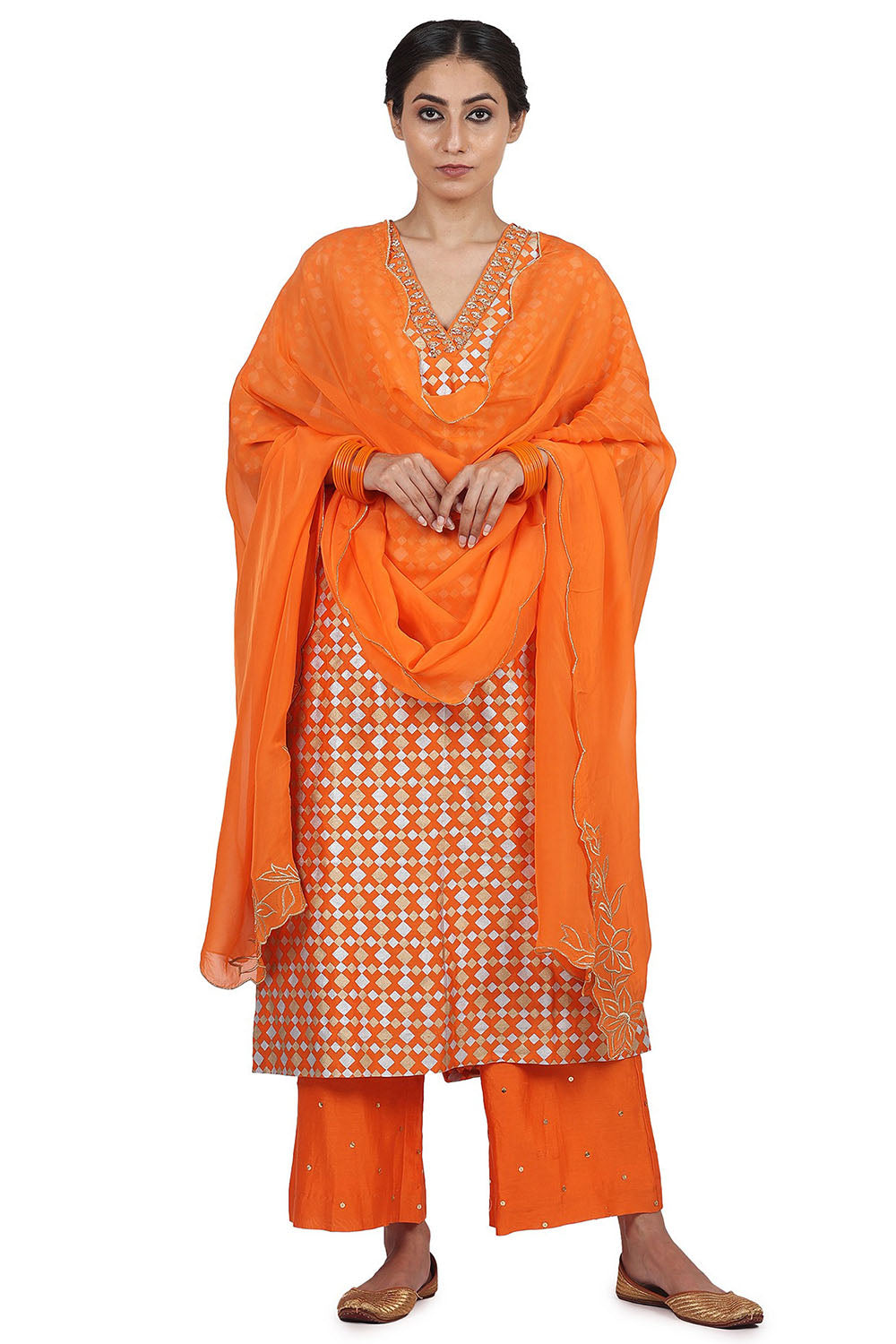 Printed Kurta Set In Orange - Auraya Fashion - Seema Nanda - 