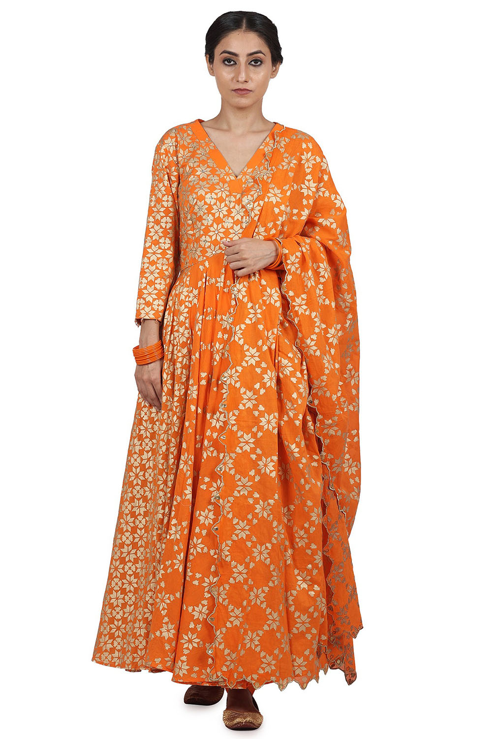 Embroidered Anarkali Set In Orange - Auraya Fashion - Seema Nanda - 