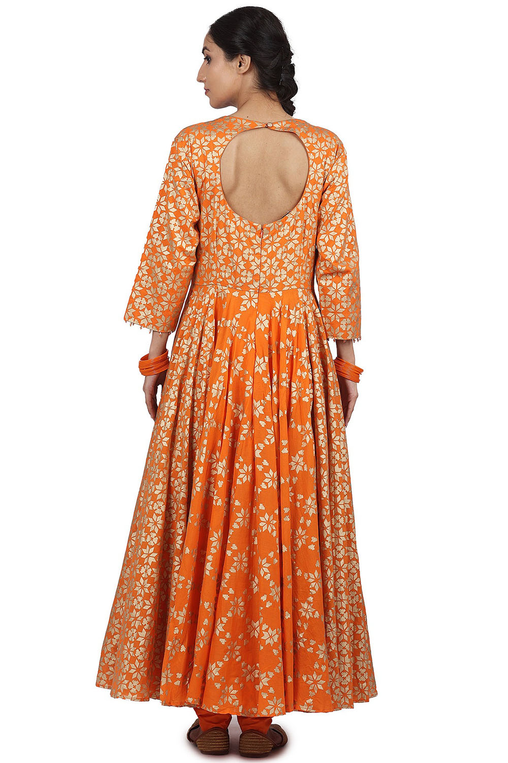 Embroidered Anarkali Set In Orange - Auraya Fashion 