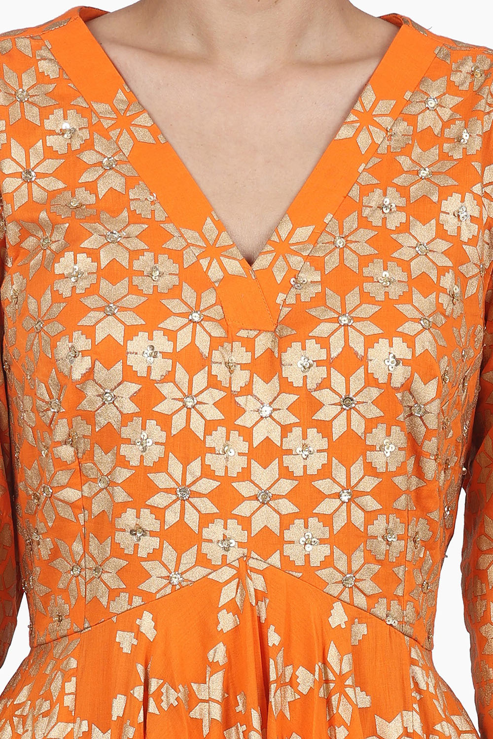 Embroidered Anarkali Set In Orange - Auraya Fashion 