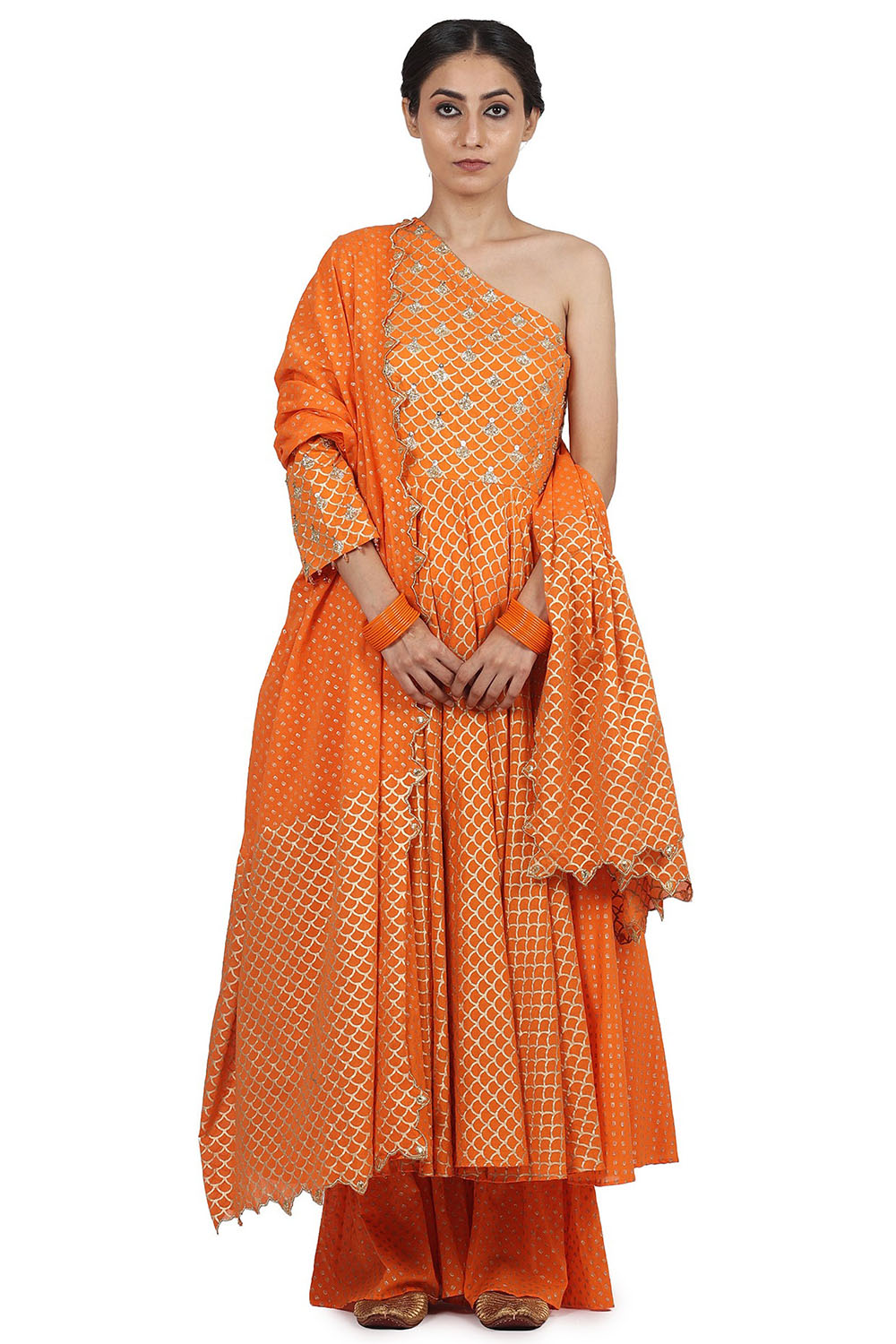 Hand Embroidered One-Shoulder Anarkali Set In Orange - Auraya Fashion - Seema Nanda - 