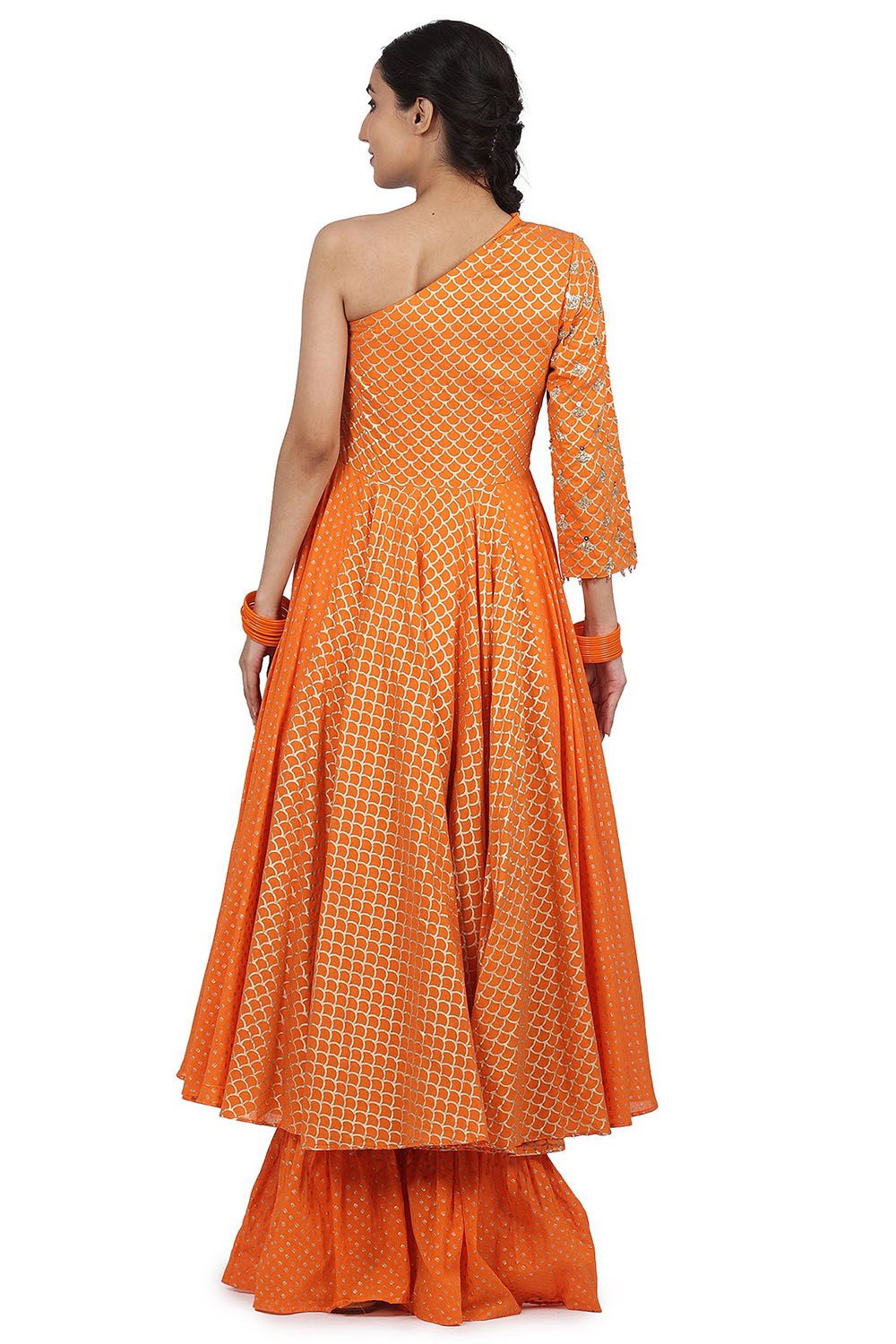 Hand Embroidered One-Shoulder Anarkali Set In Orange - Auraya Fashion 