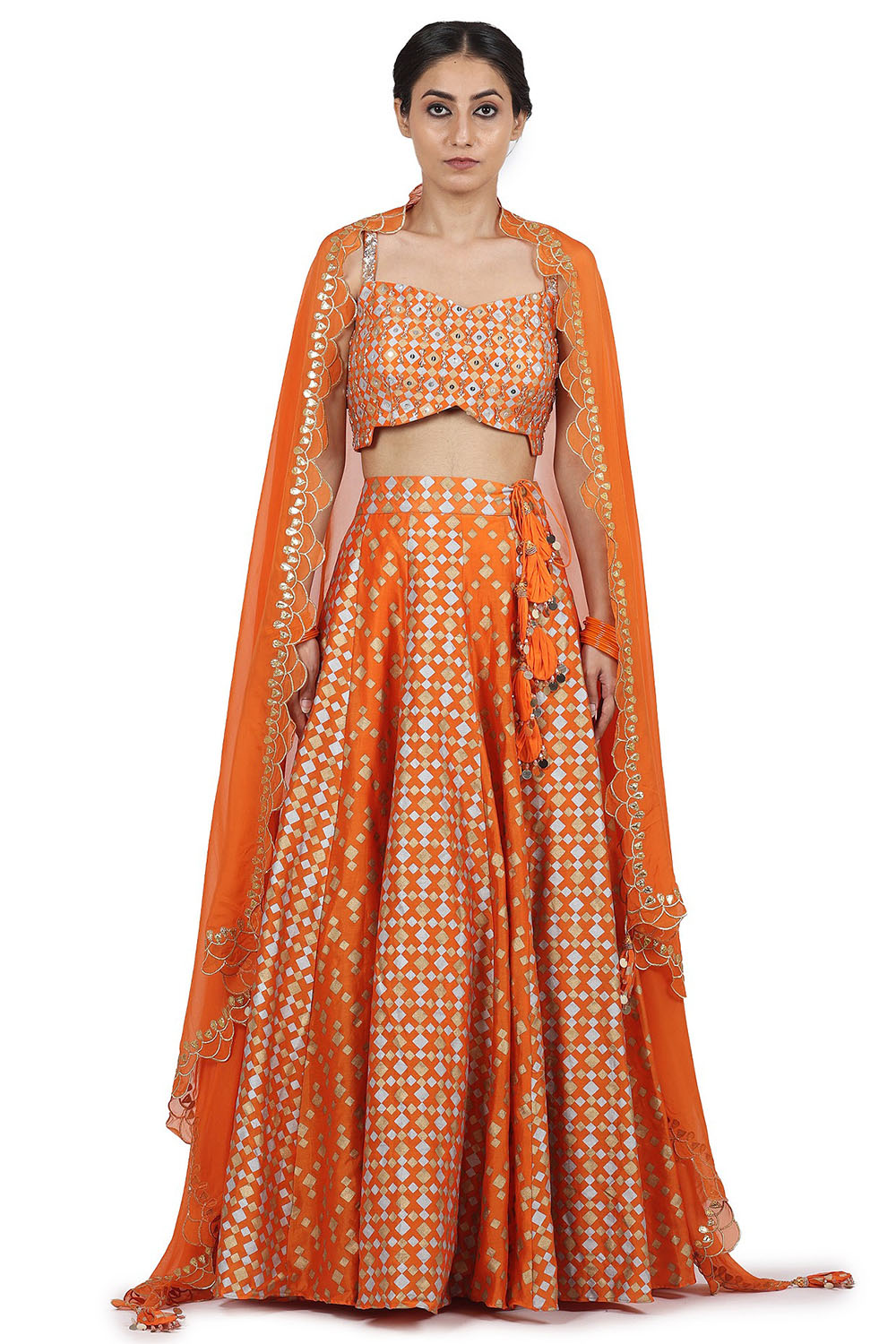 Hand Embroidered Lehenga Set In Orange - Auraya Fashion - Seema Nanda - 