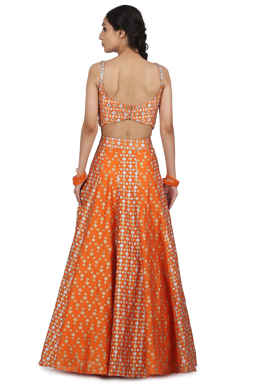 Hand Embroidered Lehenga Set In Orange - Auraya Fashion 