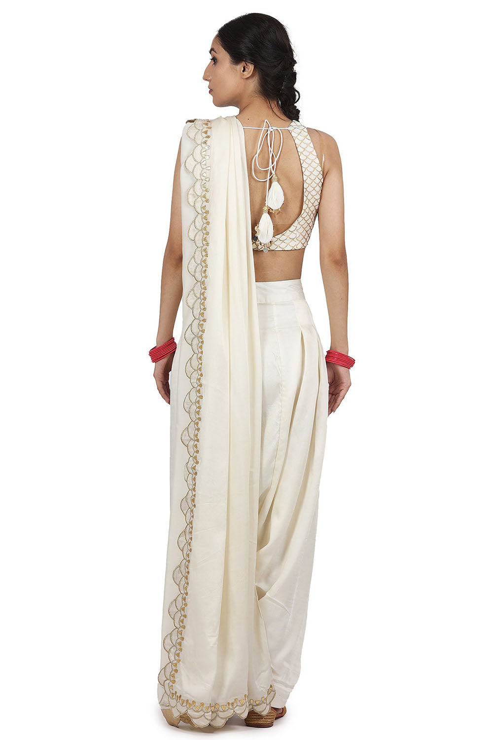 Cotton Mul Pant Saree Set In Ivory - Auraya Fashion 