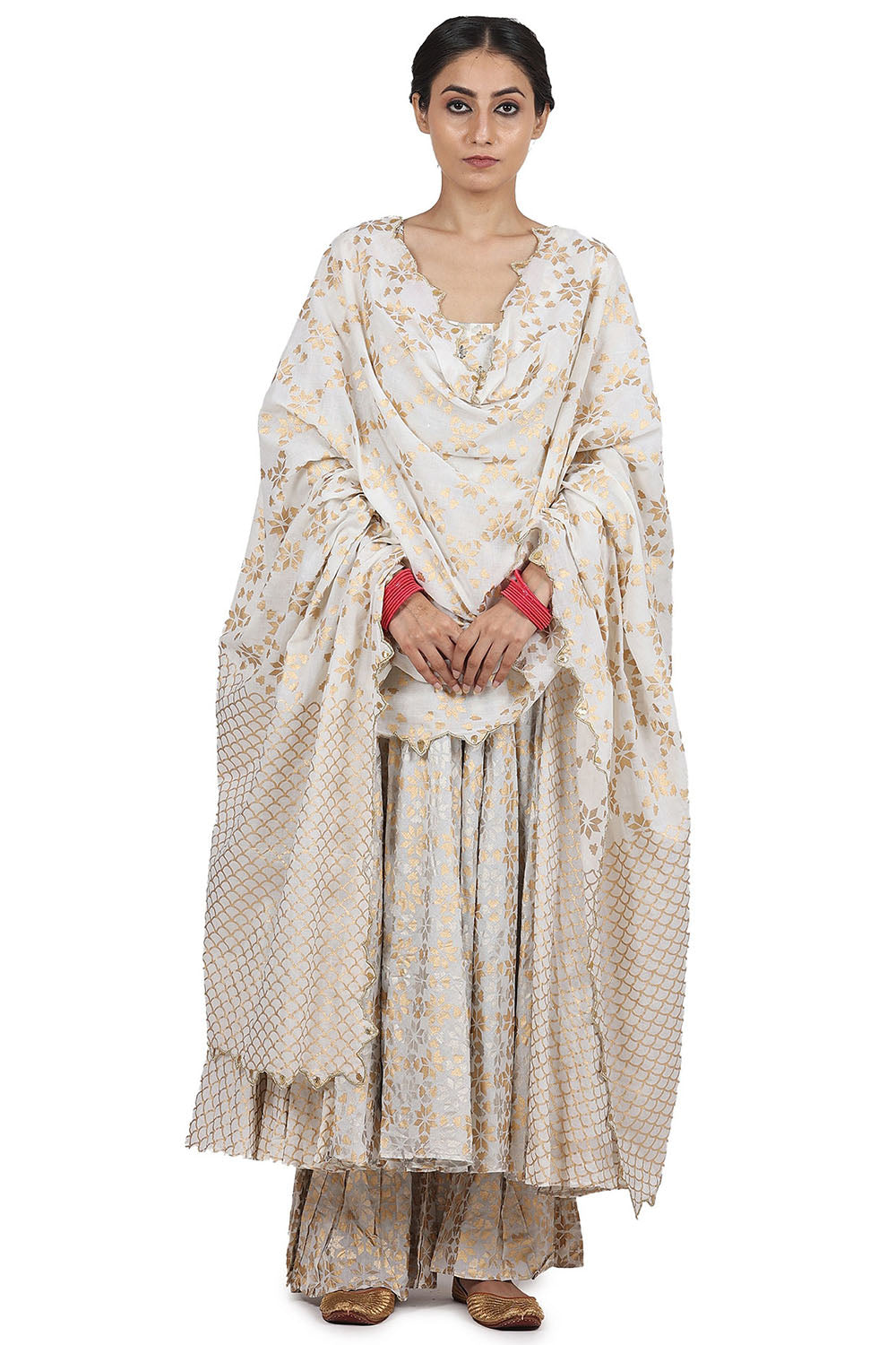 Cotton Mul Anarkali Set In Ivory - Auraya Fashion - Seema Nanda - 