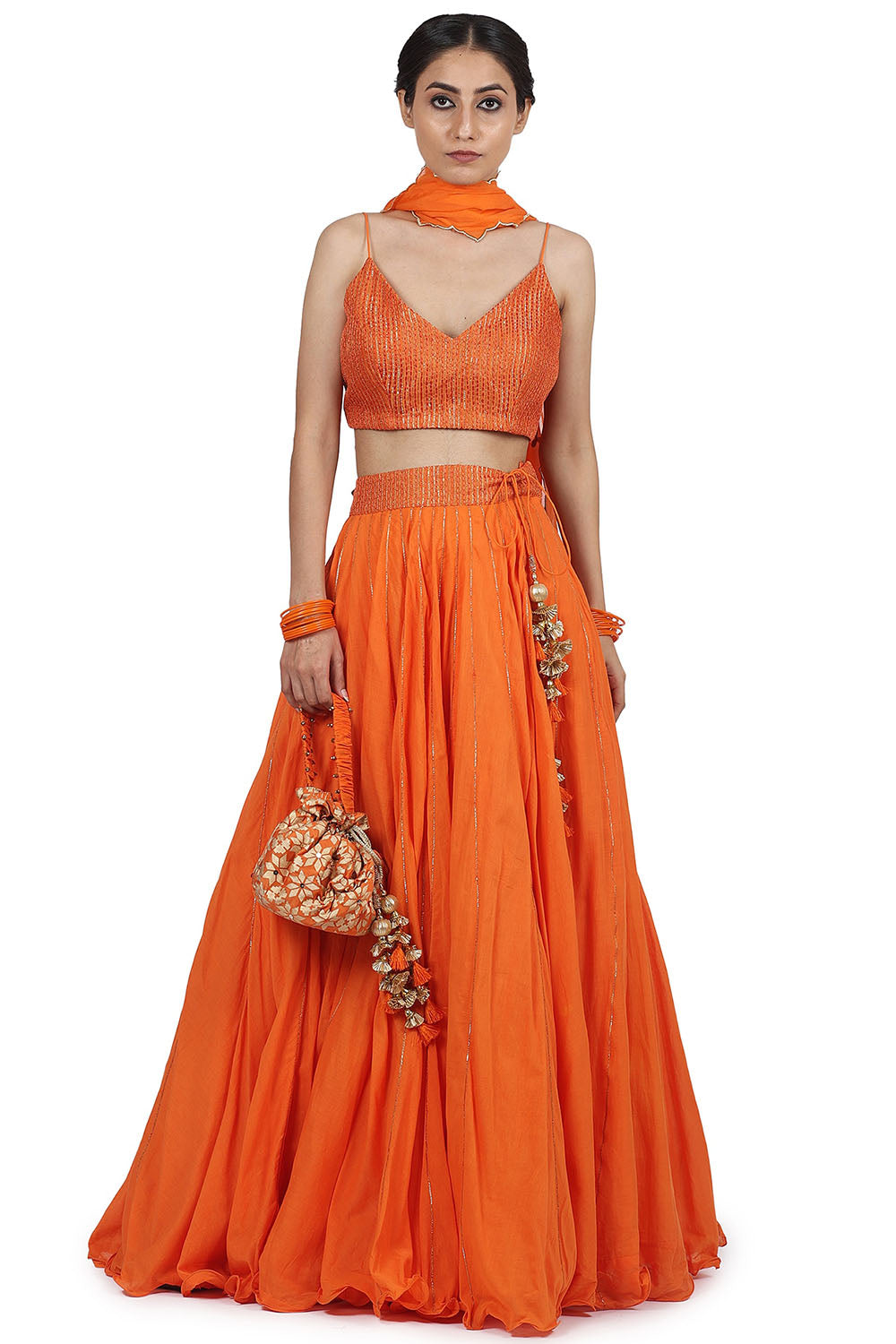 Cotton Mul Lehenga Set In Orange - Auraya Fashion - Seema Nanda - 