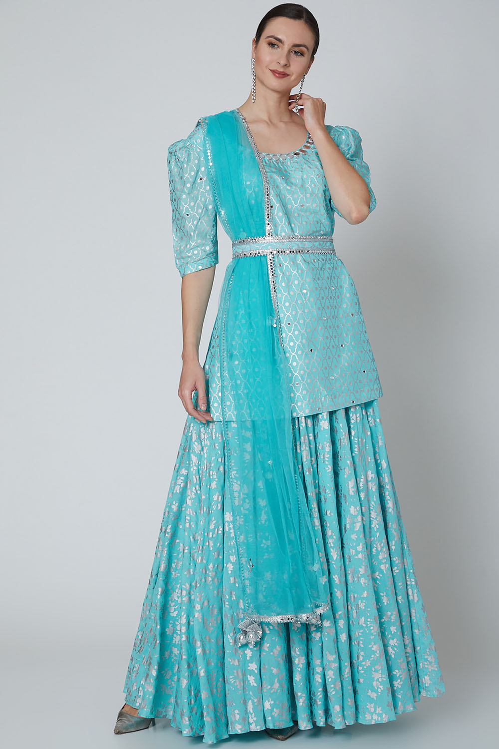 Embroidered Kurta Set In Turquoise - Auraya Fashion - Seema Nanda - 