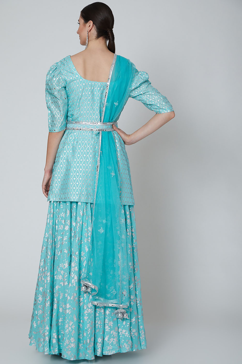 Embroidered Kurta Set In Turquoise - Auraya Fashion 