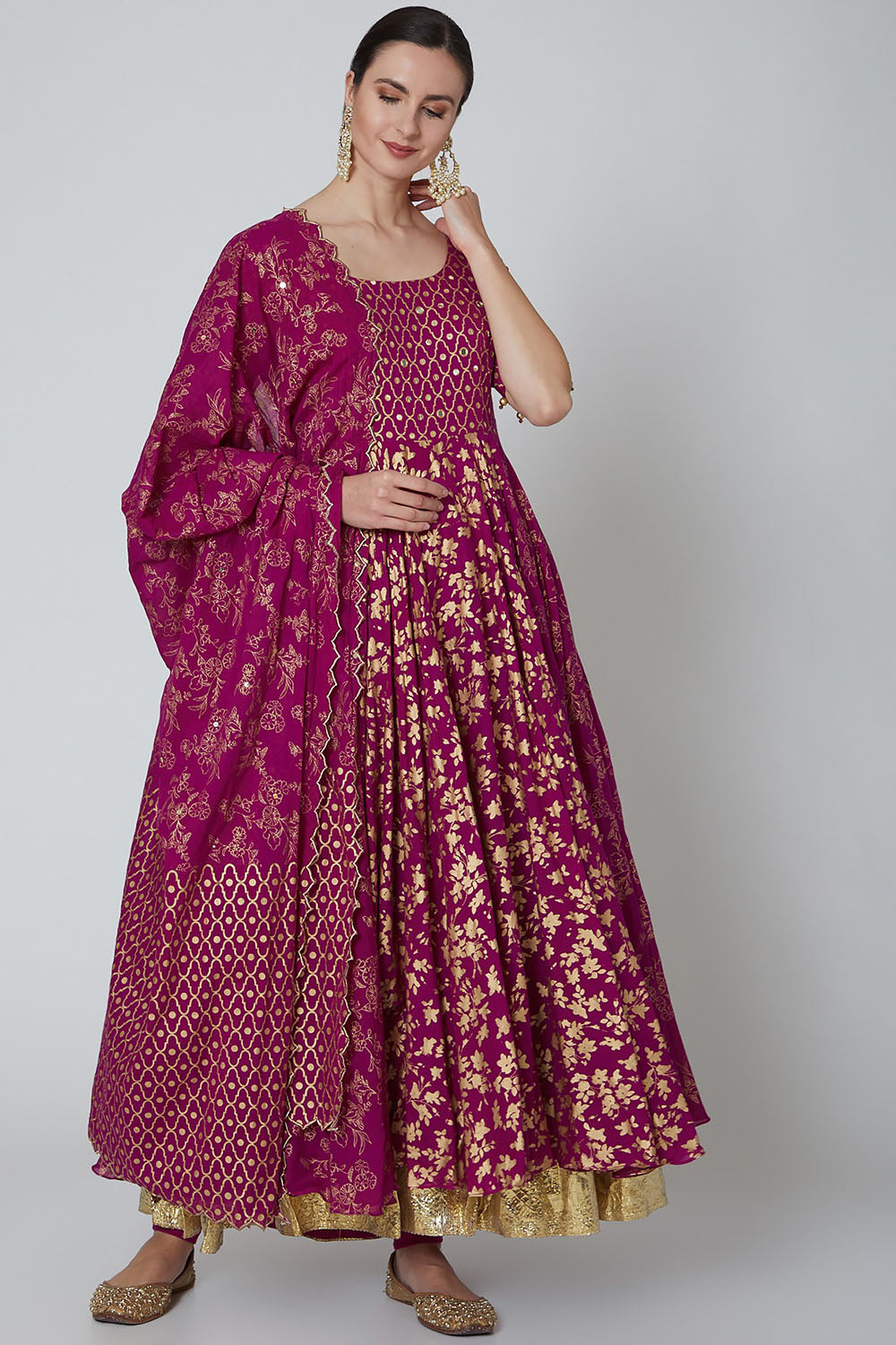 Embroidered Kalidar Anarkali Set In Fuchsia - Auraya Fashion - Seema Nanda - 