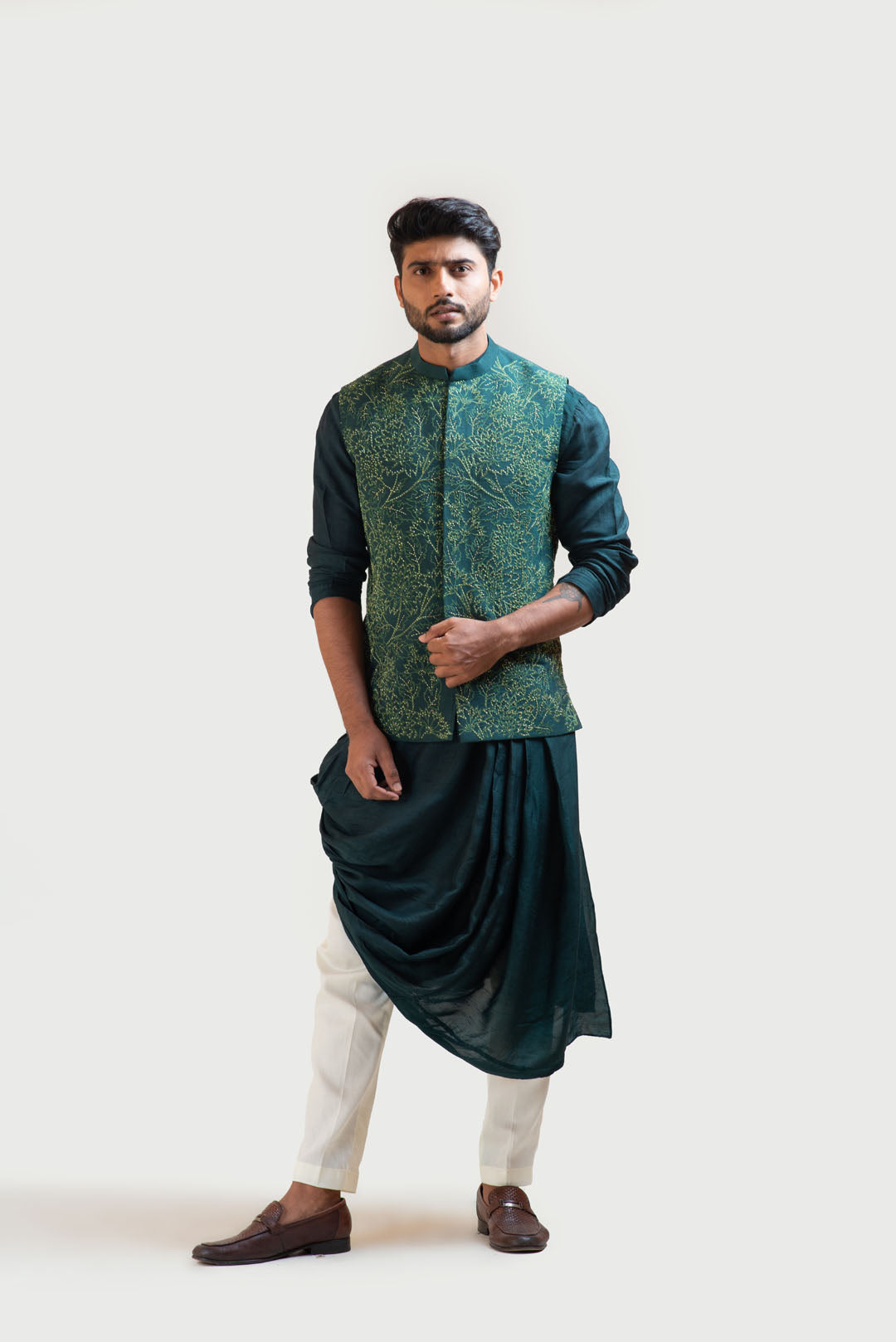 Moss Green Embroidered Nehru