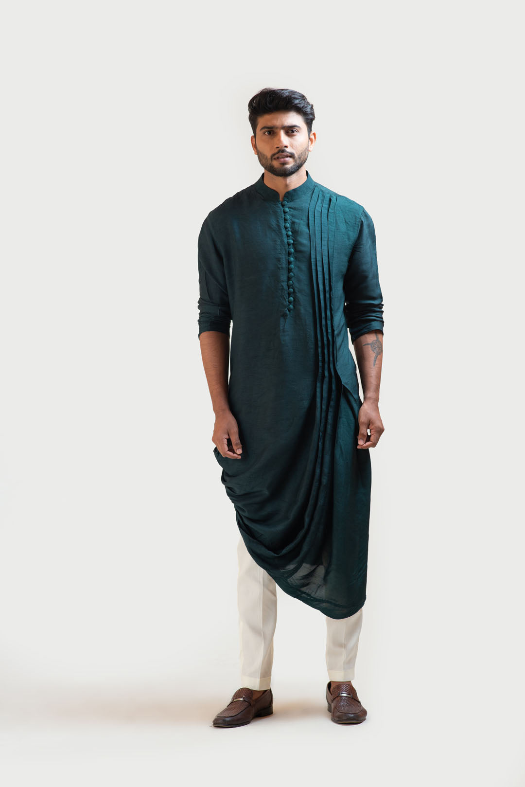 Green Silk Draped Kurta Set