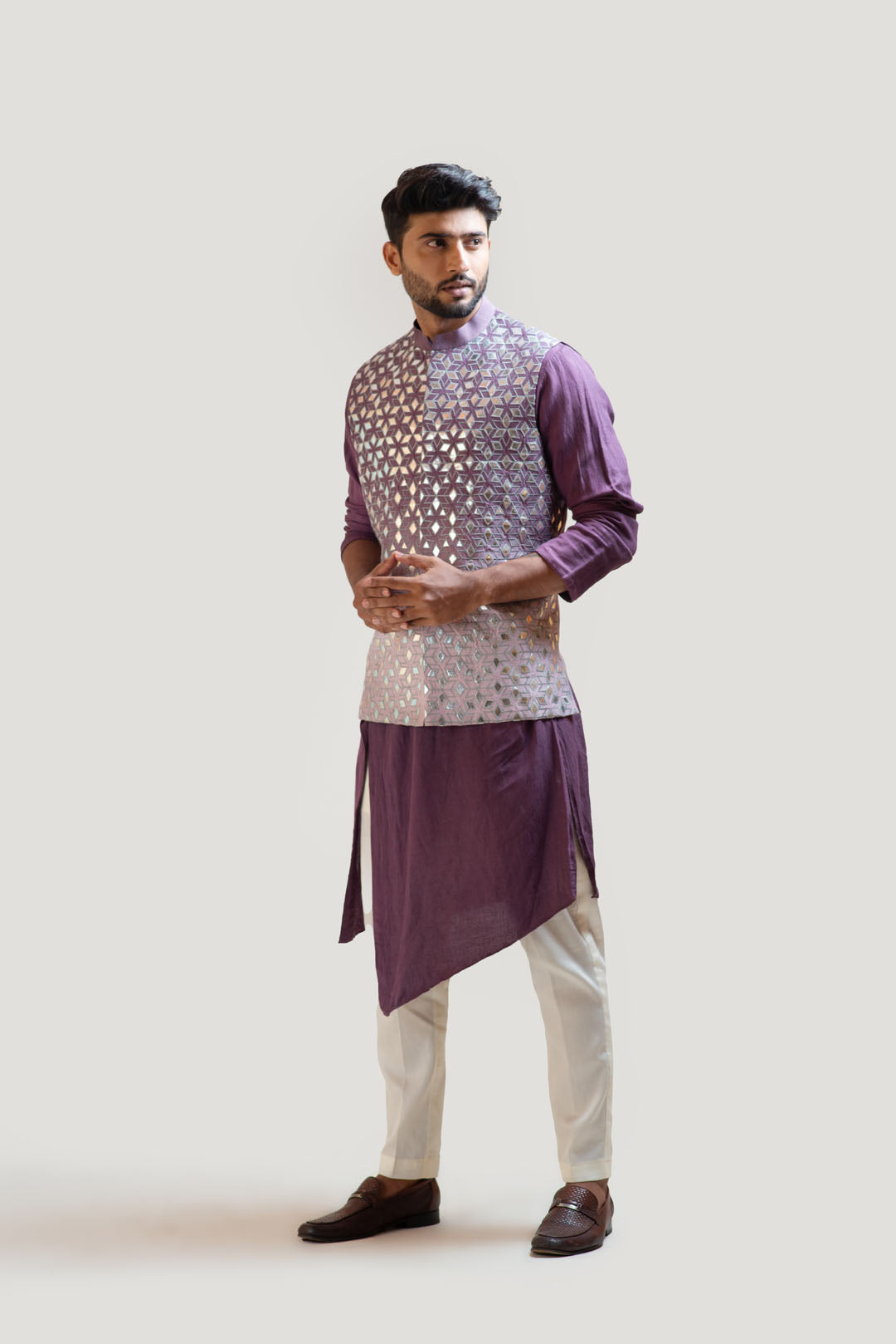 Plum Asymmetrical Kurta Set with a Lavender Ombre Rexin Applique Nehru