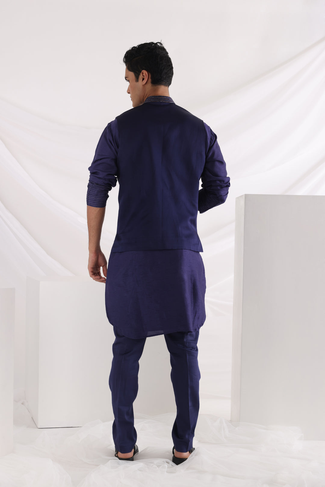 Midnight corded nehru jacket and kurta set