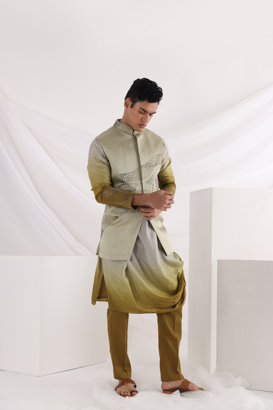 Knot embroidered nehru jacket and drape kurta set