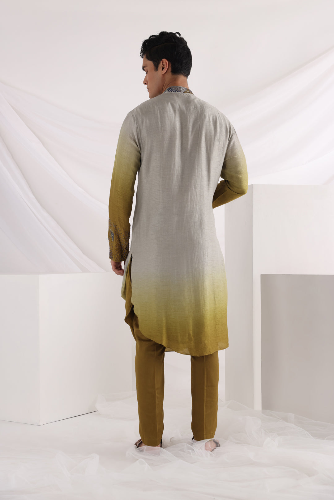 Knot embroidered nehru jacket and drape kurta set