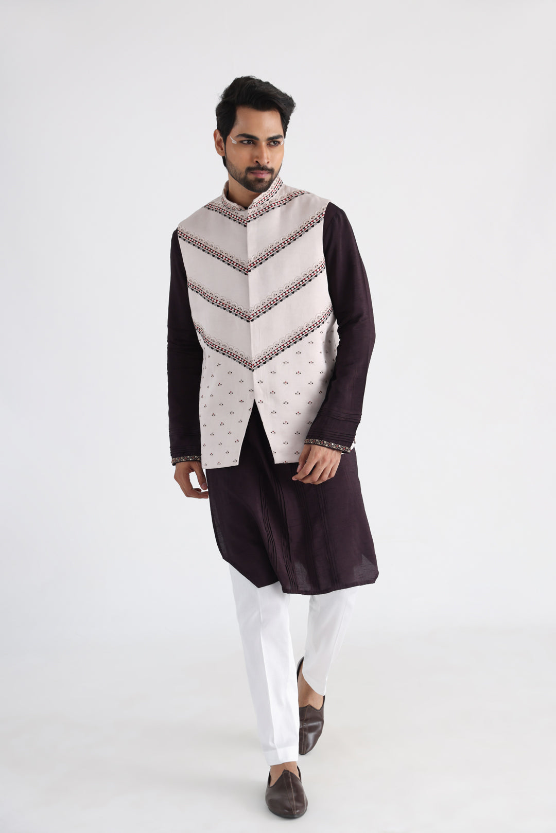 Off white nehru and brown kurta set