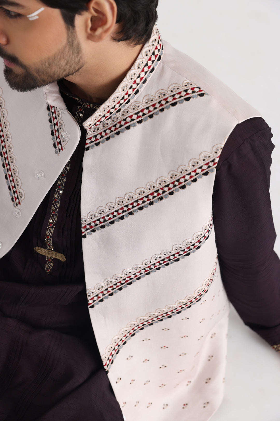 Off white nehru and brown kurta set