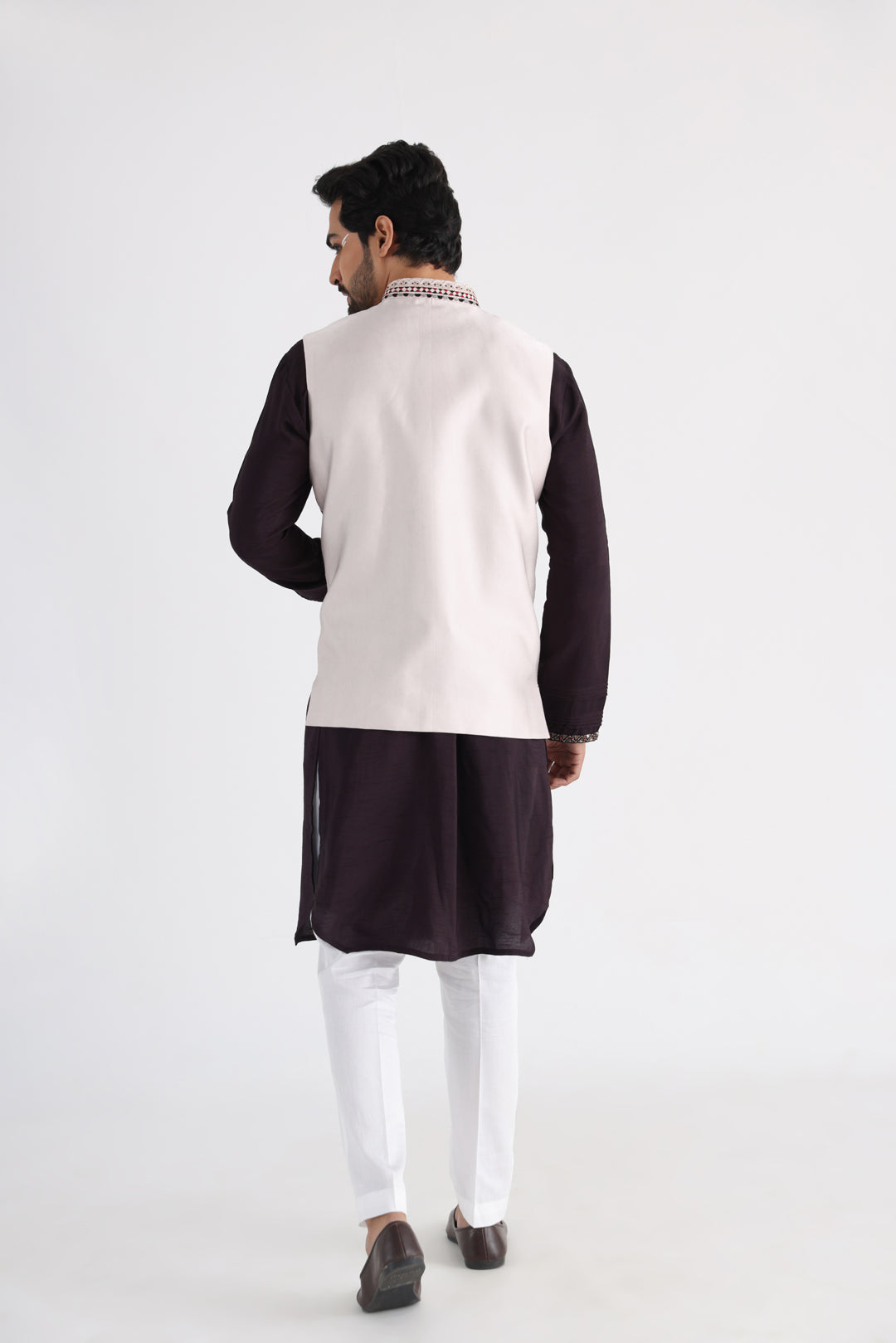 Off white nehru and brown kurta set