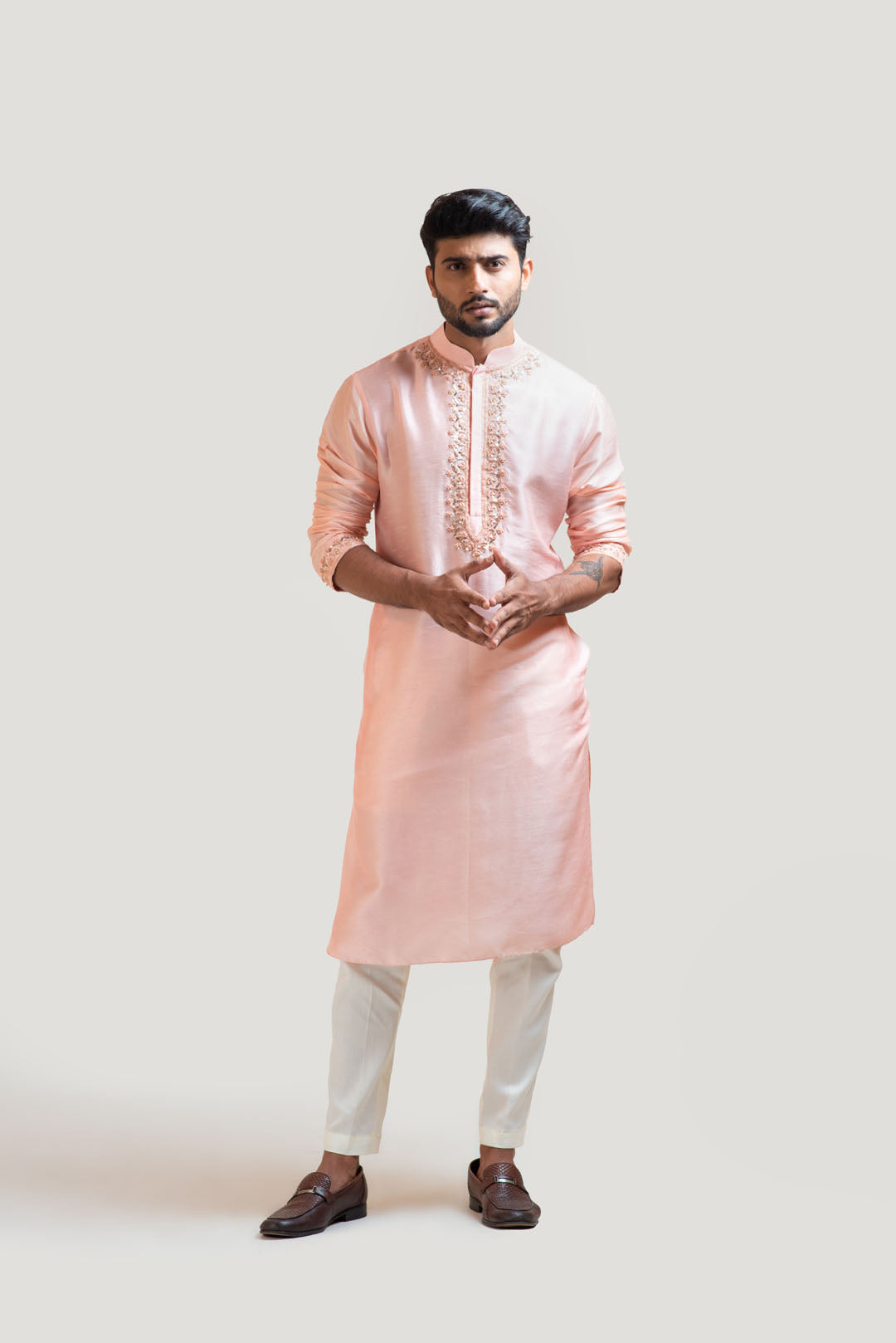 Peach Hand Embroidered Silk Kurta Set
