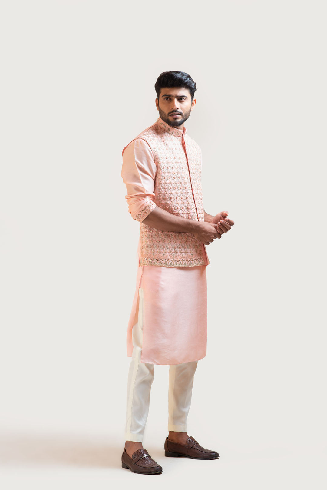 Peach Hand Embroidered Kurta Set with an Embellished Nehru