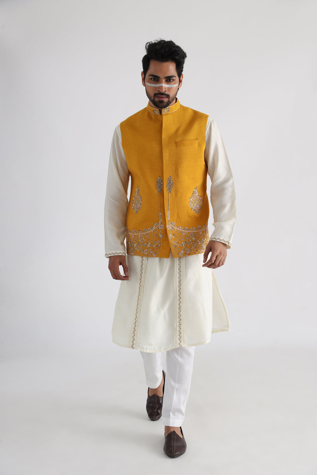 Ruakh yellow embroidered nehru and kurta set