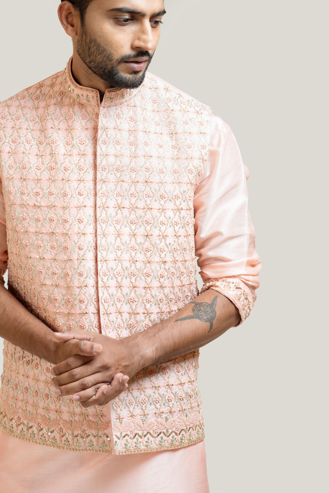 Peach Hand Embroidered Nehru