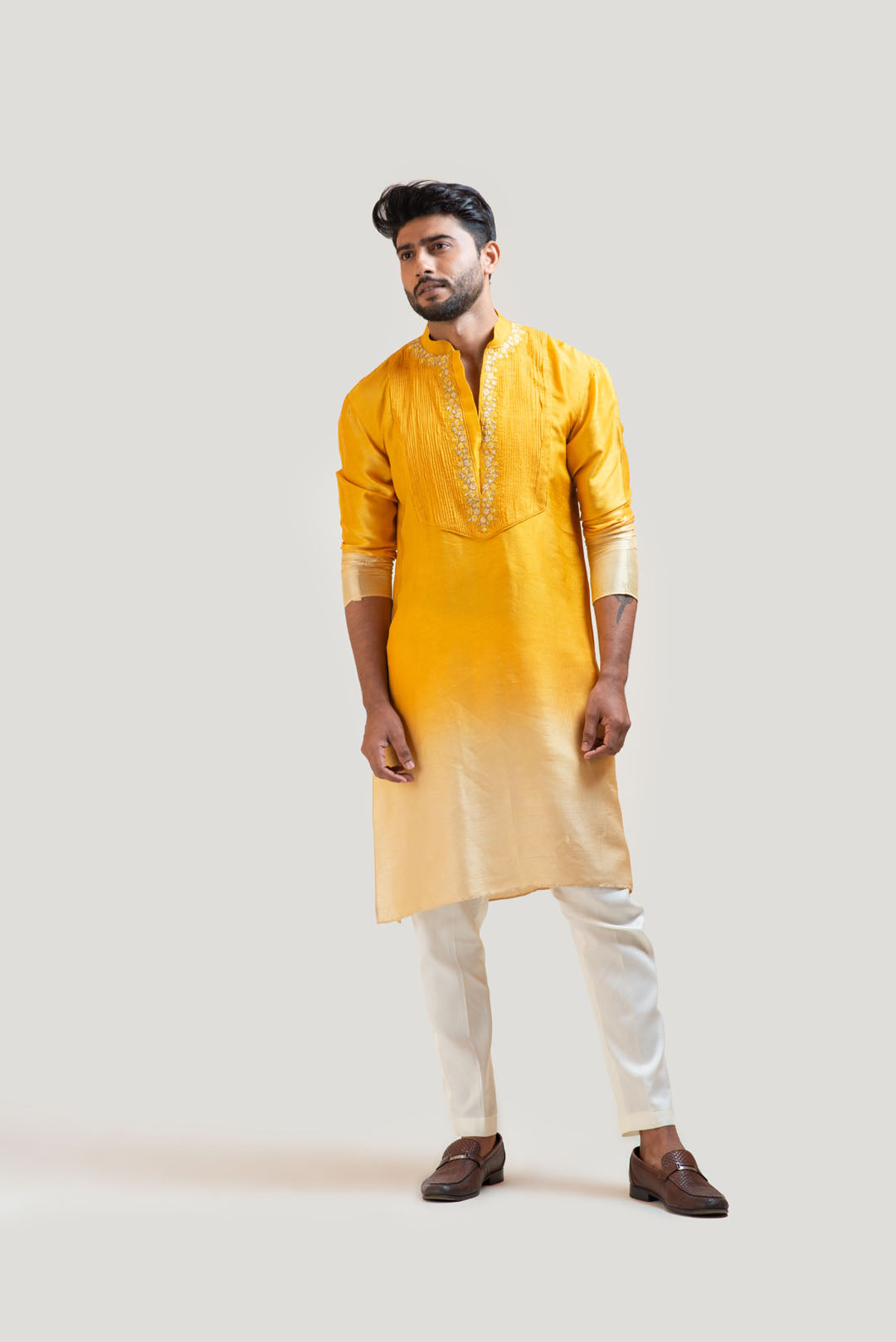 Yellow Ombre Embroidered Kurta Set with Pintucks Yoke