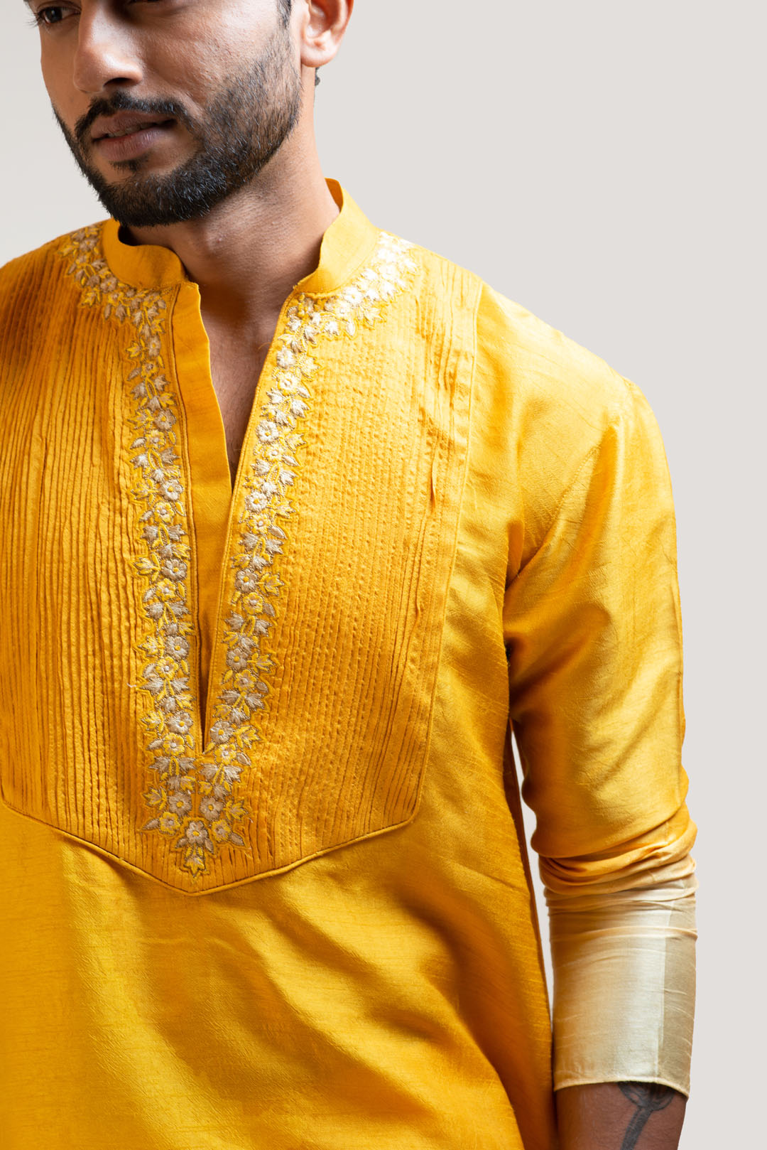 Yellow Ombre Embroidered Kurta Set with Pintucks Yoke