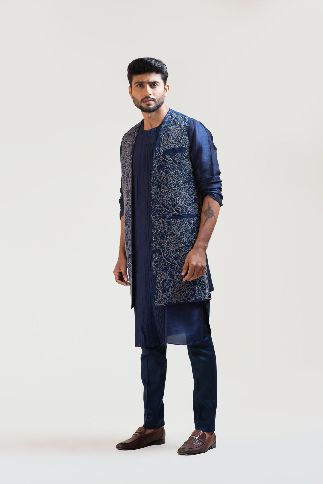 Navy Blue Front Open Silk Kurta Set with a Navy Blue Embroidered Long Jacket