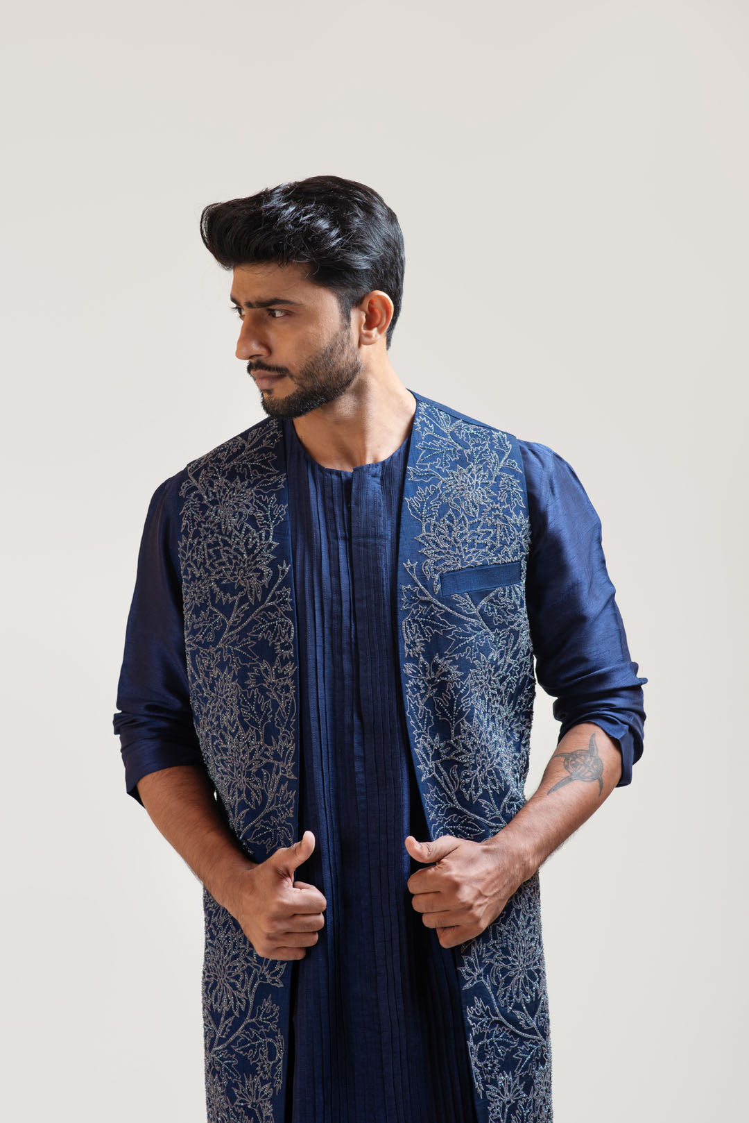 Navy Blue Front Open Silk Kurta Set with a Navy Blue Embroidered Long Jacket